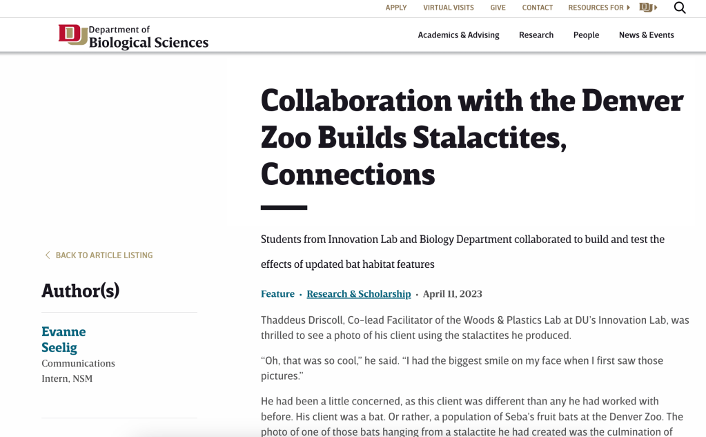 Screenshot of an article on a website with the text "Collaboration with the Denver Zoo Builds Stalactites, Connections"