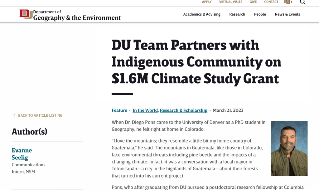 Screenshot of an article on a university website with the text "https://science.du.edu/geography/news/du-team-partners-indigenous-community-16m-climate-study-grant". 