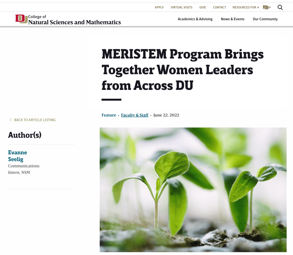Screenshot of a website with the article title "MERISTEM Program Brings Together Women Leaders from Across DU" and a photo of plants sprouting.